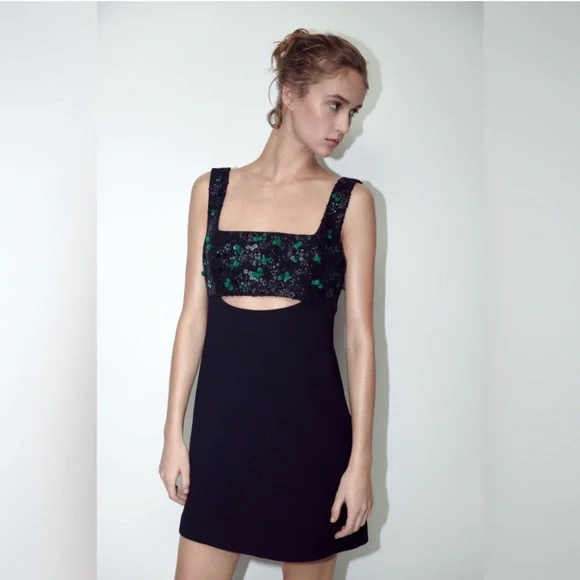 Zara Embroidered Yoke Mini Sequin Dress, Limited Edition in Black Green